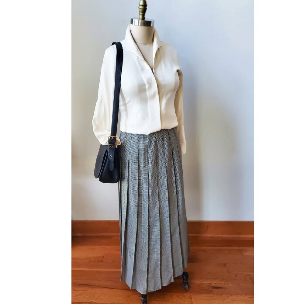 90's Harve Benard Collection Black Cream Houndstooth Check Pleated Maxi Skirt 8